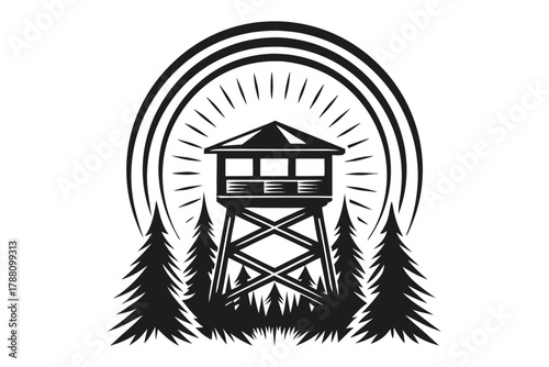 Black monochrome lookout tower stands proudly among evergreens beneath concentric arches and radiant lines