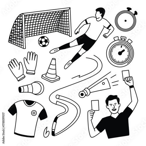 Soccer themed vector art illustration showing match elements and participants