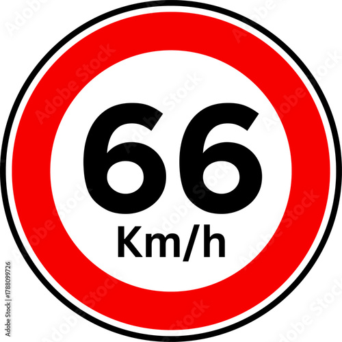 Speed limit 66 kmh traffic sign, Speed limit 66 kilometers per hour road sign