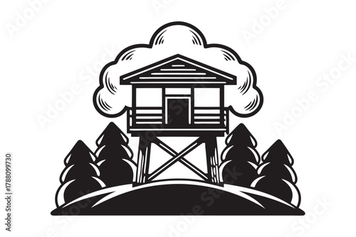 Black silhouette illustration depicts a lookout tower surrounded by trees on a small hill