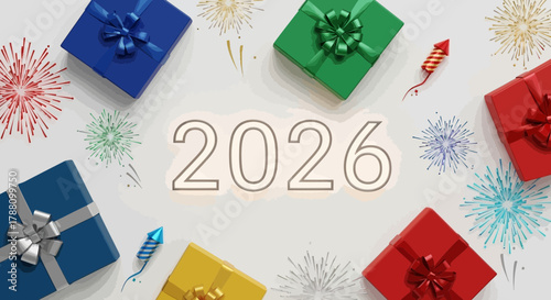 Brightly colored gift boxes and fireworks celebrate the arrival of the year 2026