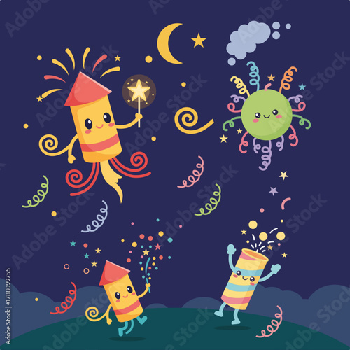 Cute cartoon style fireworks characters, flat vector design.