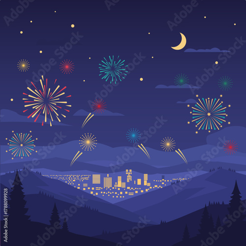 new year night,Flat vector of fireworks viewed from mountain viewpoint.