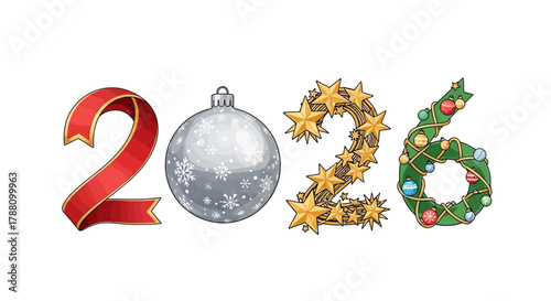 Festive 2026 new year celebration design featuring a red ribbon snowflake ornament golden stars and a christmas tree garland with baubles
