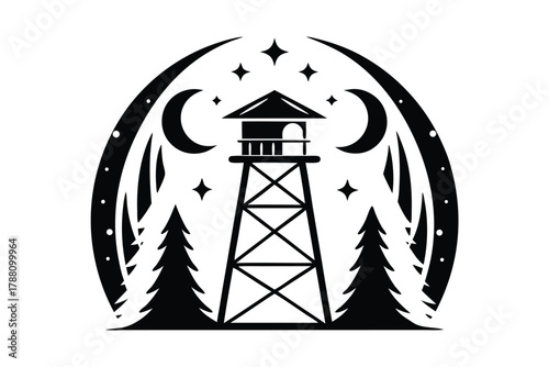 Black silhouette illustrates a fire lookout tower with trees under a starry, moonlit sky