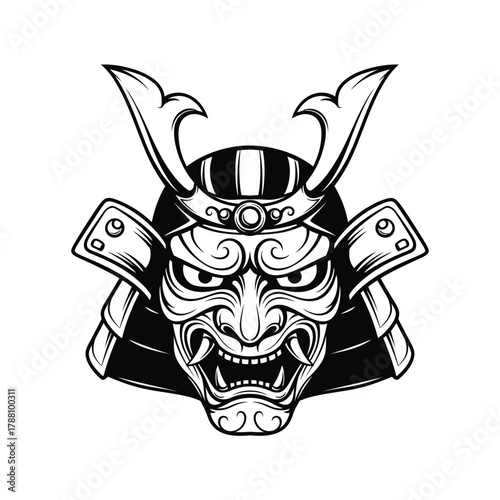 Illustration of a samurai helmet with a fierce expression on a white background