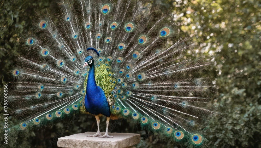 Obraz premium Majestic Peacock Displaying Vibrant Tail Feathers in Natural Habitat.