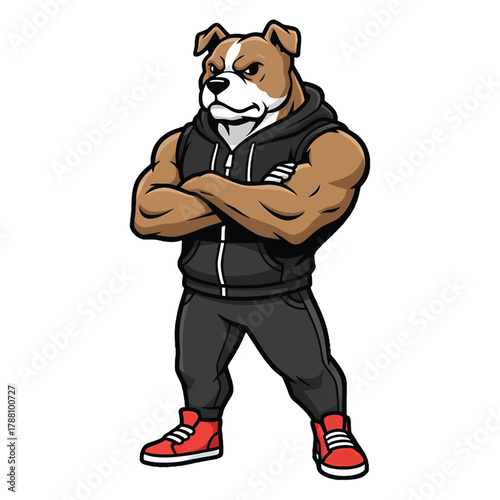 Illustration of a muscular bulldog wearing a black hoodie and red sneakers with arms crossed on a white background.