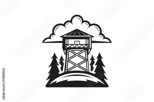 Black tower silhouette stands among trees under a bold, puffy cloud in a nature scene