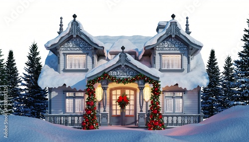 Wallpaper Mural Charming winter house adorned with festive decorations in a snowy landscape during a serene holiday season Torontodigital.ca