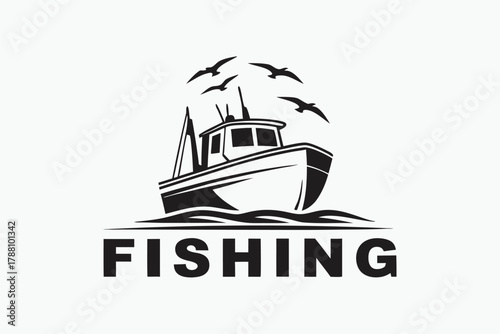 Bold black fishing boat shows birds flying above rippling water with simple text