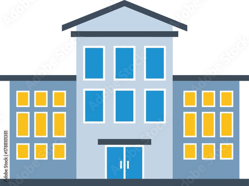 Modern multi-story building vector illustration with blue and yellow windows, featuring a prominent entrance and a pitched roof, depicting commercial or educational architecture