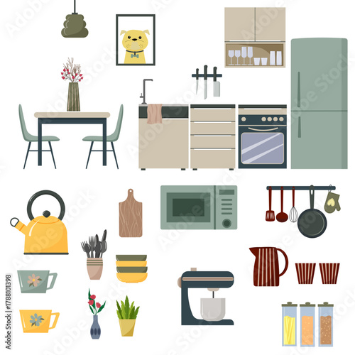 Complete collection of kitchen furniture and utensils, from dining table to cooking appliances. Household items for cooking and dining.