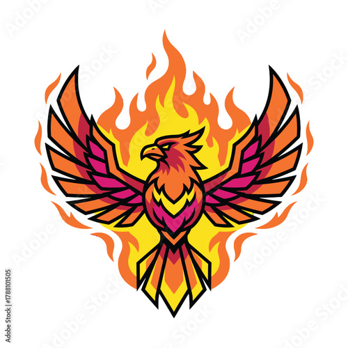 Vibrant phoenix bird rising from stylized flames in warm colors.