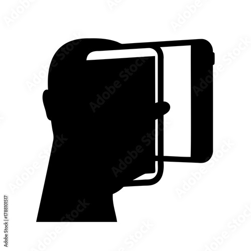 Person's head with phone attached, resembling vr headset Vector, illustration