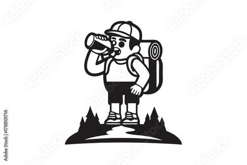 Boy with backpack drinks from bottle amidst the pines in black and white