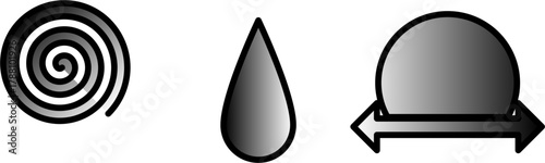 Three abstract grayscale icons: a spiral, a teardrop, and a semicircle with a double-headed arrow.