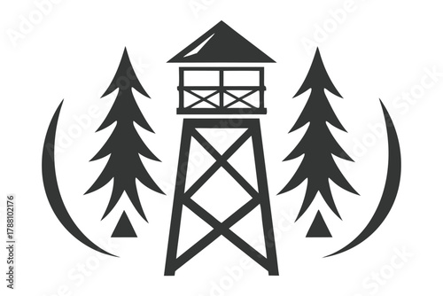 Elevated lookout tower stands prominently between tall pine trees in monochrome drawing
