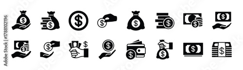 Money cash icon vector set. Contains dollar coin, payment, purchase, profit, savings, earning, budget, income, wallet, loan, wages, revenue, fund, bag, bill, salary, banking, currency - illustration