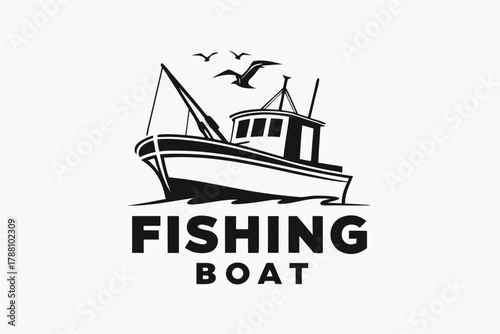Fishing boat sailing on the water with birds in the sky is represented in black