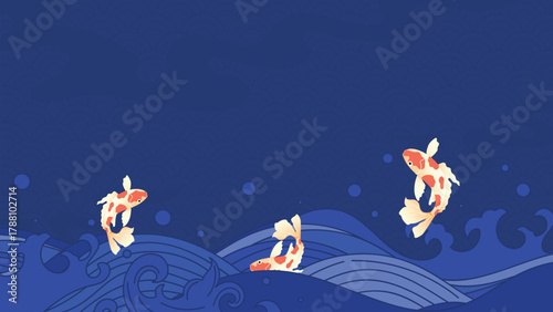 Chinese New Year 2026 vector background with koi fish and ocean waves on deep blue tone — modern oriental design for wallpaper and decoration.