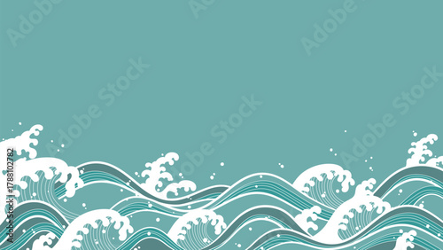 Asian vector wave background with turquoise sea, white foam and minimalist composition — modern clean design for wallpaper, digital media and packaging.
