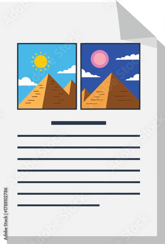 Document displaying dual images of giza pyramids: one vibrant scene under a bright sunny day, the other mystical under a pink moonlit night.