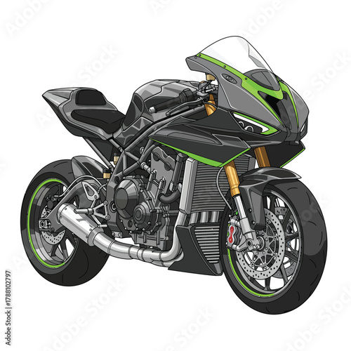 Detailed illustration of a sleek black and green motorcycle with neon accents on a white background