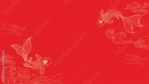 Chinese New Year vector frame with gold koi fish, clouds and decorative waves on red background — elegant festive design for advertising, packaging and wallpaper.