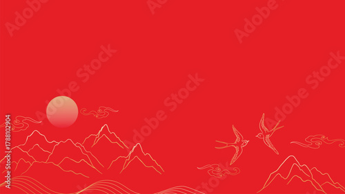 Chinese New Year vector frame with golden sun, mountains and cranes on red background — elegant auspicious design for wallpaper, advertising and poster layout.