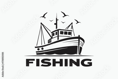 Fishing boat cruises under seagulls in a black and white minimalist logo
