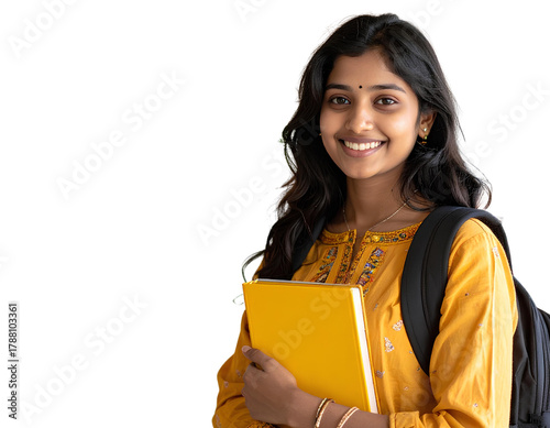 Portrait of a happy young Indian female student holding a book. Cheerful woman isolated on a transparent background.