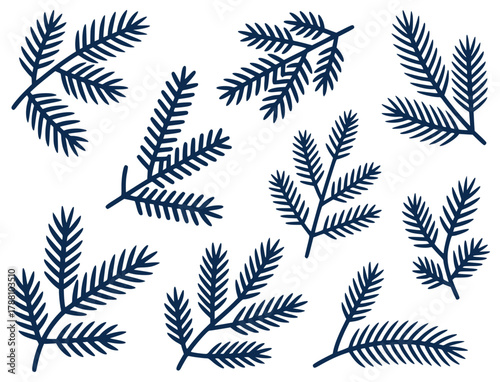 Dark Blue Pine Needles on White Background Vector Illustration