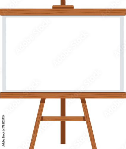 Wooden easel with blank white canvas or board on a clean background, ready for art, presentation, or message display. minimalist graphic design element.