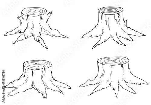 Four Hand-Drawn Tree Stumps with Exposed Roots on White Background