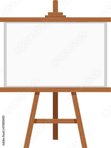 Wooden easel with blank white canvas or whiteboard for art, presentation, or display. empty art stand for drawing, painting, or information.