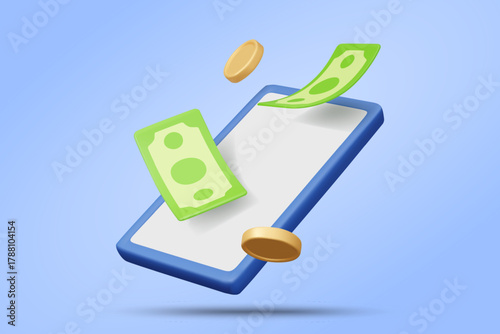 3D vector illustration render of smartphone icon with floating banknotes and coins. Concept of online transactions, money transfer, app payments, digital finance system for fintech, banking.