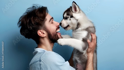 man and husky dog sharing a tender moment against a blue backgroundSiberian Husky puppy with blue eyes being affectionately kissed by man.