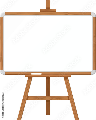 Empty white marker board with brown wooden frame and tripod easel stand, for classroom, office, presentation, meeting, learning, or creative content display.