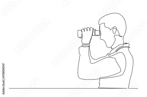 Man spy looking through binoculars in continuous one line drawing. Single line art illustration of Man observe with binoculars. Editable vector.
