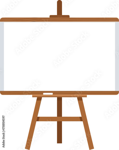 Blank white board on a wooden easel isolated on a white background, ready for presentation, education, or artistic creation with copy space