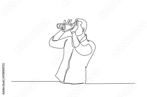 Man spy looking through binoculars in continuous one line drawing. Single line art illustration of Man observe with binoculars. Editable vector.