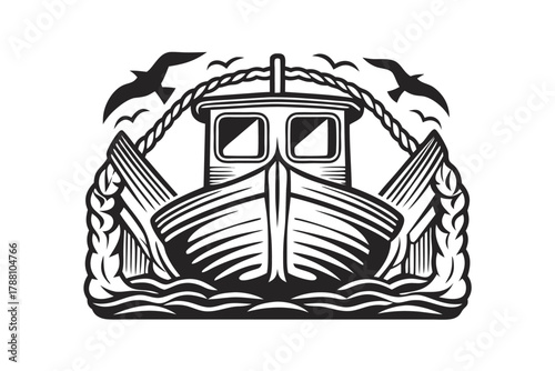 Isolated monochrome oldstyle fishing boat at sea with seagulls and rope creates vintage charm