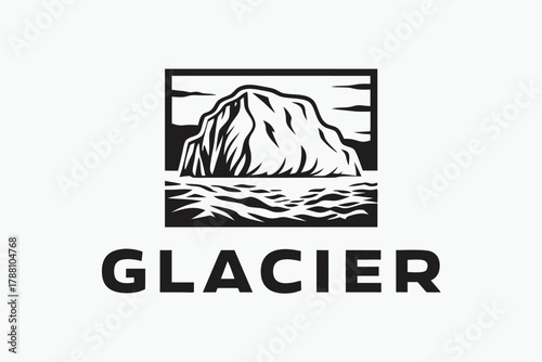 Glacial mountain stands over water within a square border, under the word glacier