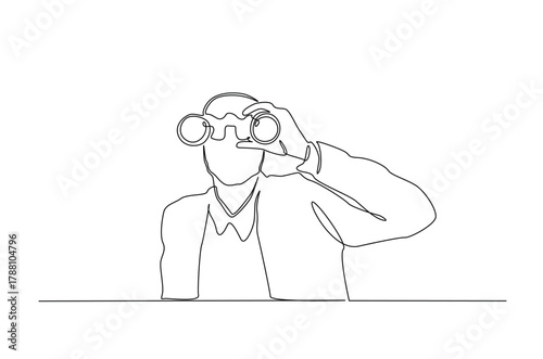 Man spy looking through binoculars in continuous one line drawing. Single line art illustration of Man observe with binoculars. Editable vector.