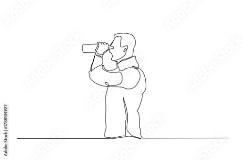 Man spy looking through binoculars in continuous one line drawing. Single line art illustration of Man observe with binoculars. Editable vector.