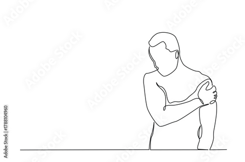 Dislocation of the shoulder in continuous one line drawing. Single line art illustration of Man suffering from pain in shoulder. Editable vector.