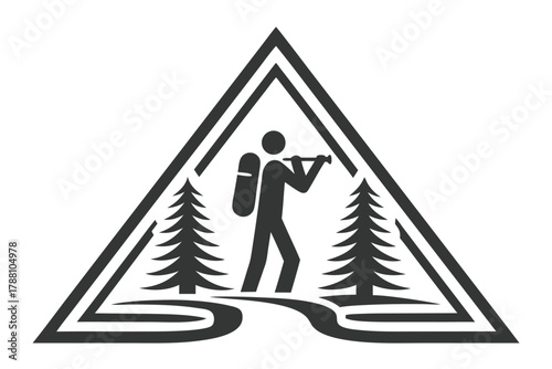 Man with backpack observes with telescope in triangular mountain forest icon for exploration