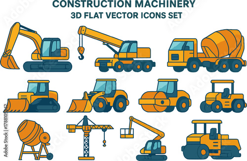 Construction Machinery 3D Flat Vector Icons Set