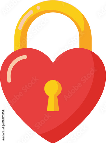 Red heart padlock with golden shackle and keyhole on white background, symbolizing love, security, and partnership, a perfect romantic icon graphic.